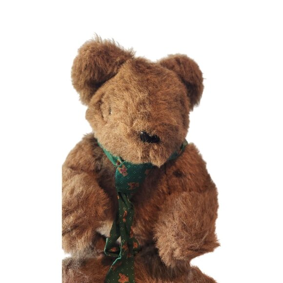 Vintage Brown Teddy Bear With Green Christmas Scarf - Picture 2 of 16